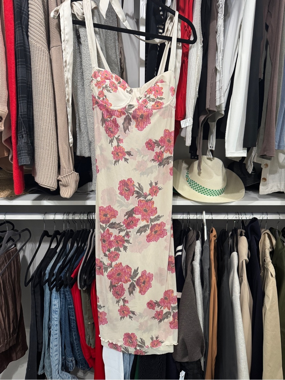 Free People Floral Midi Dress with Tie Straps - Ivory/Pink